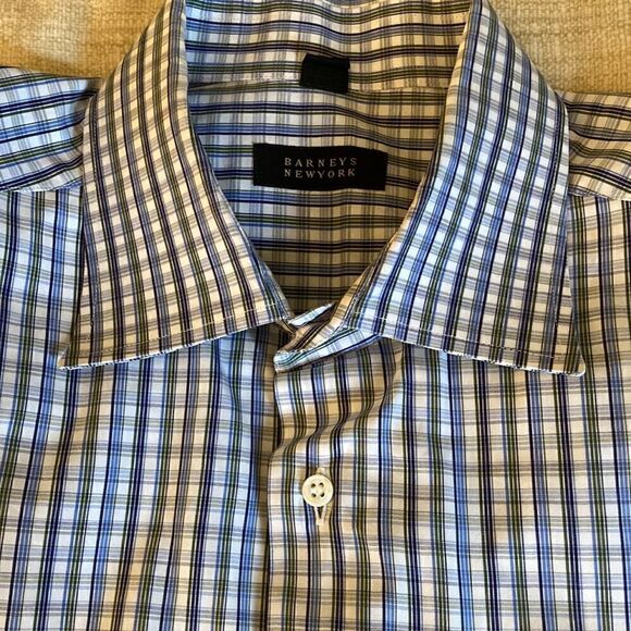 Barneys New York Mens Long Sleeve Fine Cotton Blue/Gray Checked Dress Shirt. XL - Picture 1 of 7